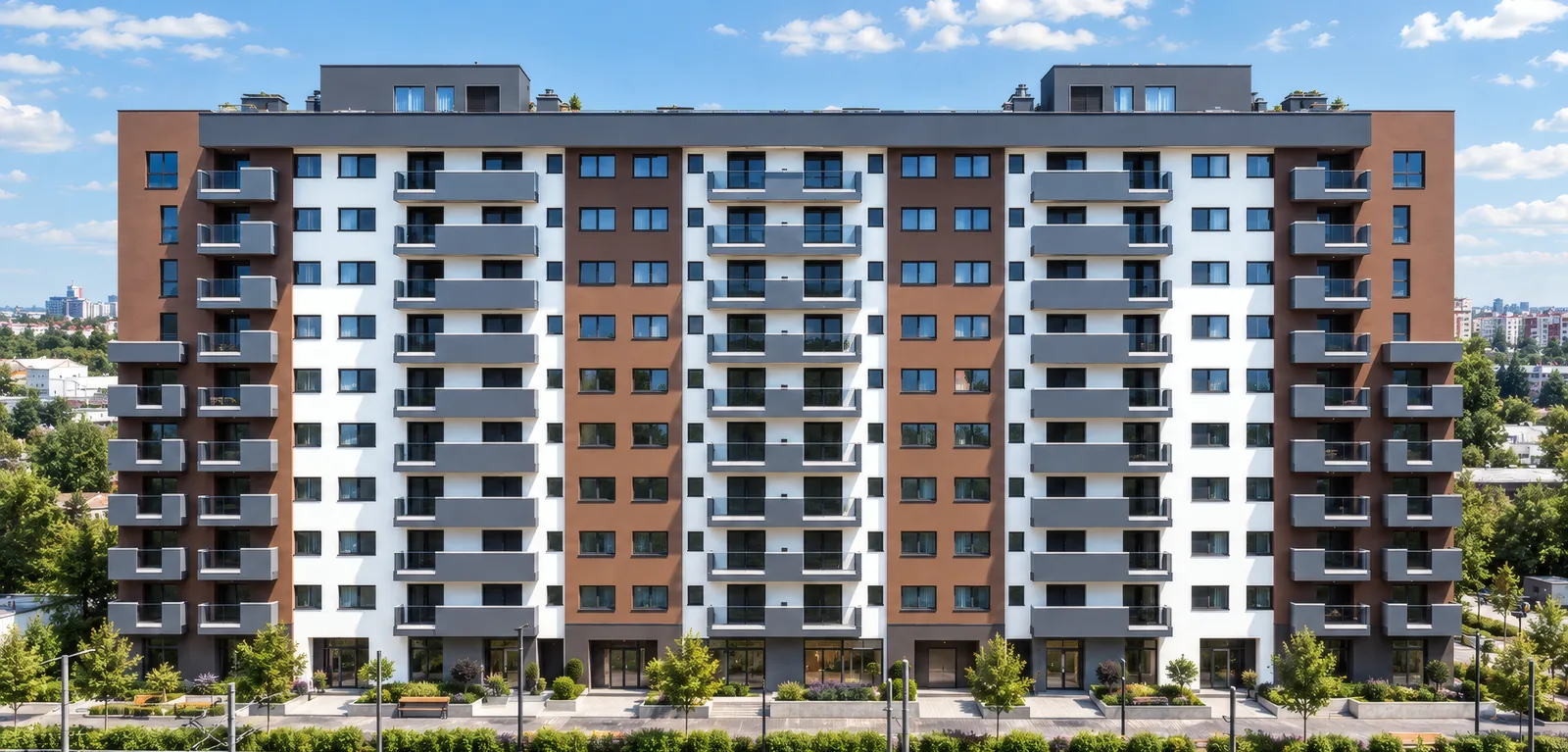 Alexandriei 152 văzut din față: parter și 9 etaje, cu balcoane pe fiecare nivel