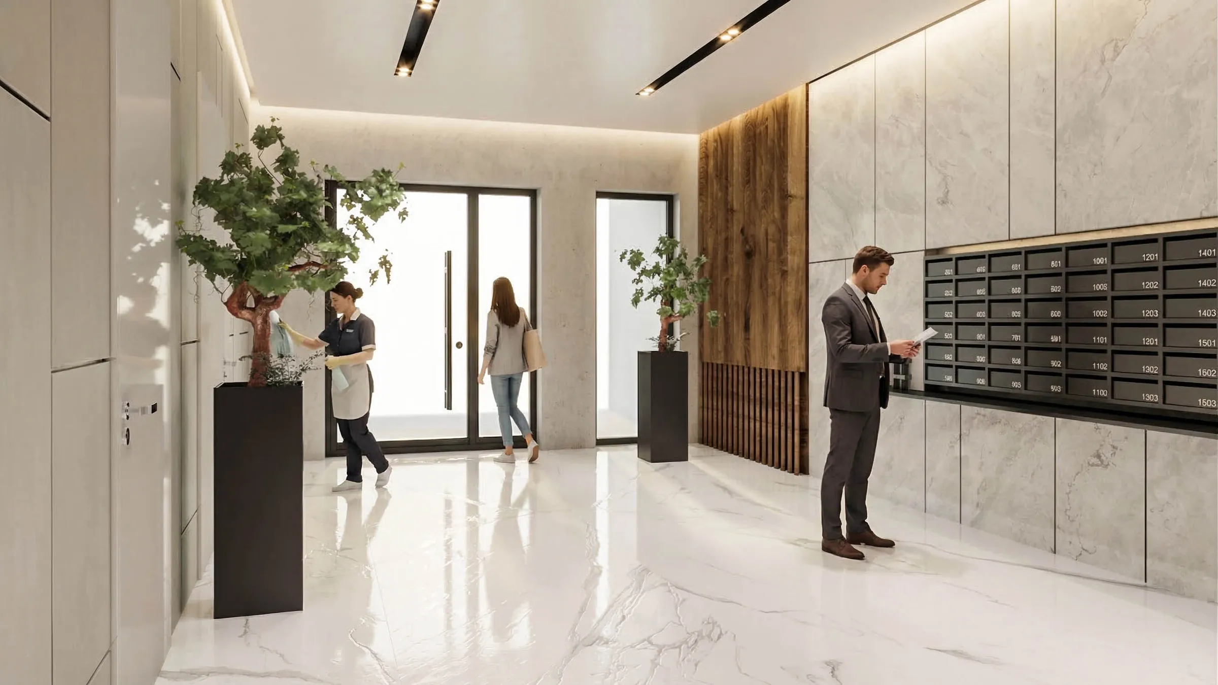 Randare 3D: lobby-ul cu marmură și cutii poștale