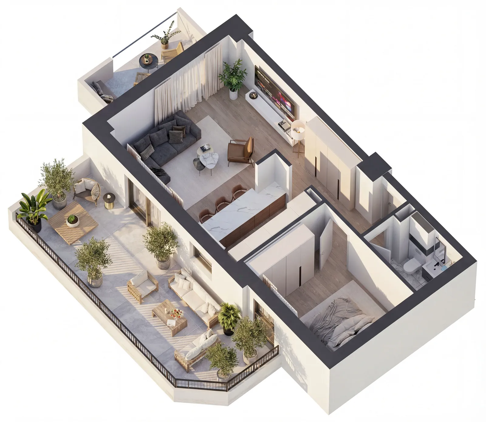 Plan 3D apartament 2 camere, tip 1 cu terasă