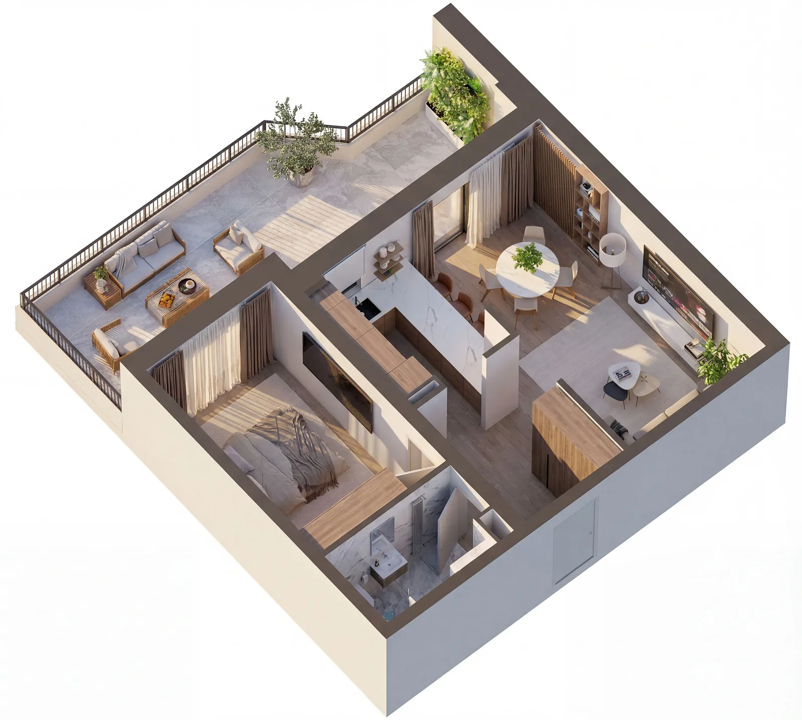 Plan 3D apartament 2 camere, tip 10 cu terasă
