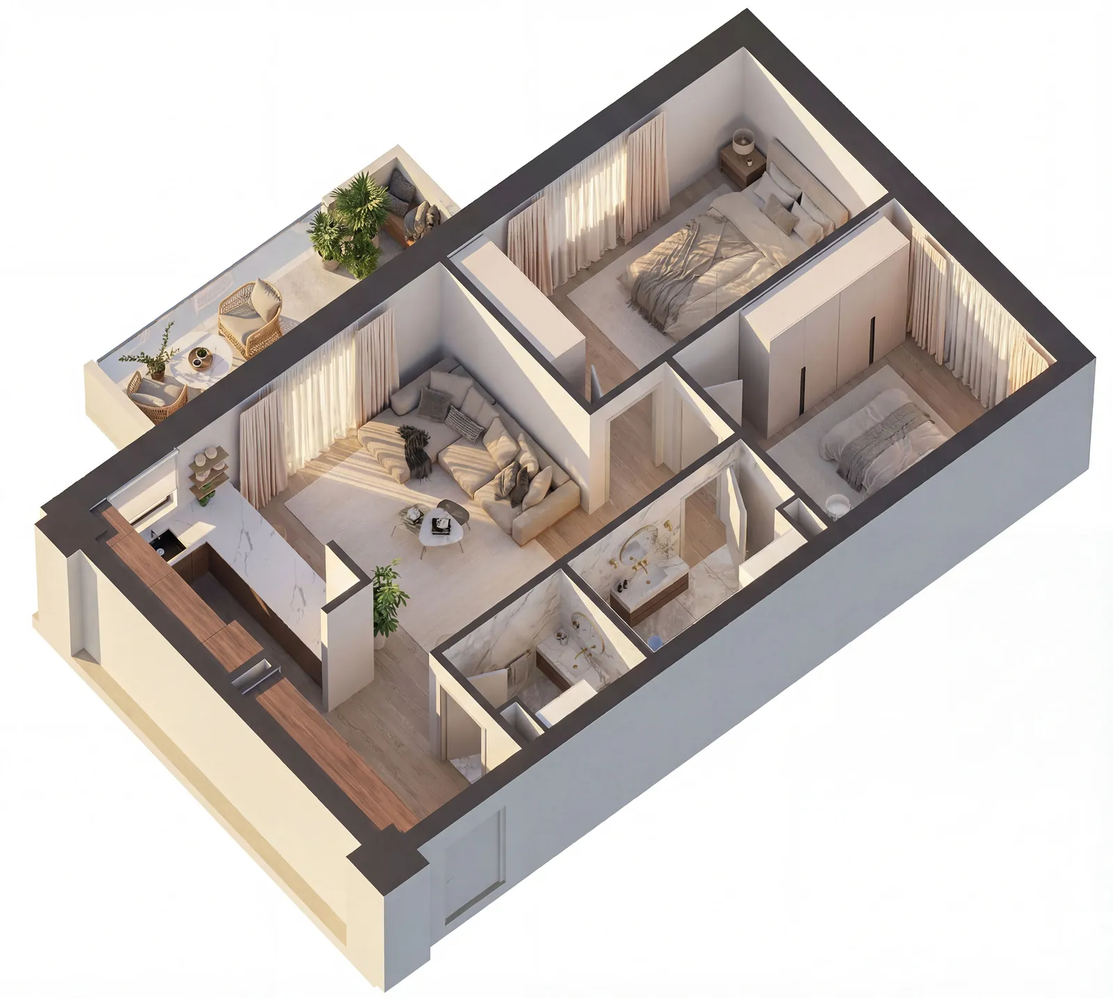 Plan 3D apartament 3 camere, tip 2 (etajele 7–9)