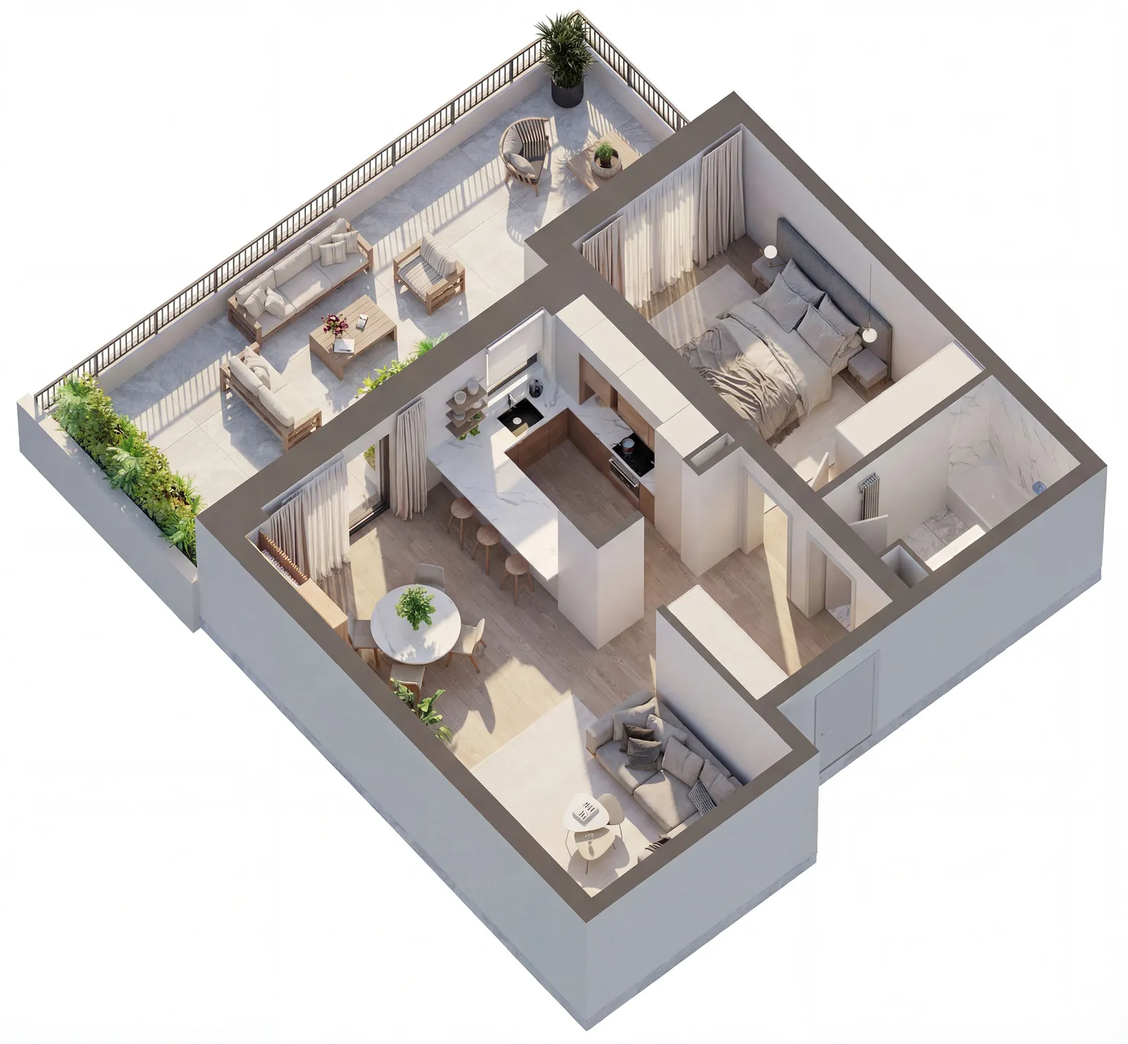 Plan 3D apartament 2 camere, tip 9 cu terasă